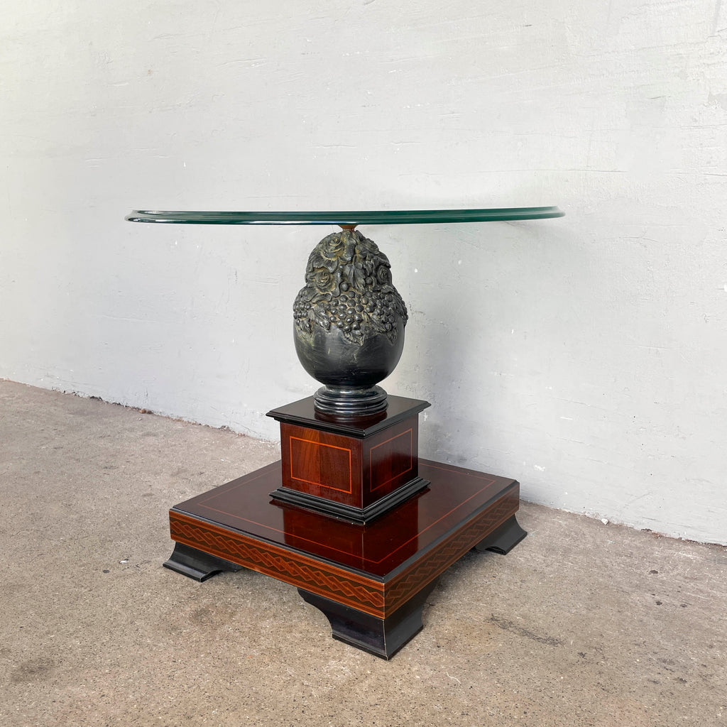 Ornate Floral Pedestal Side Table with Glass Top
