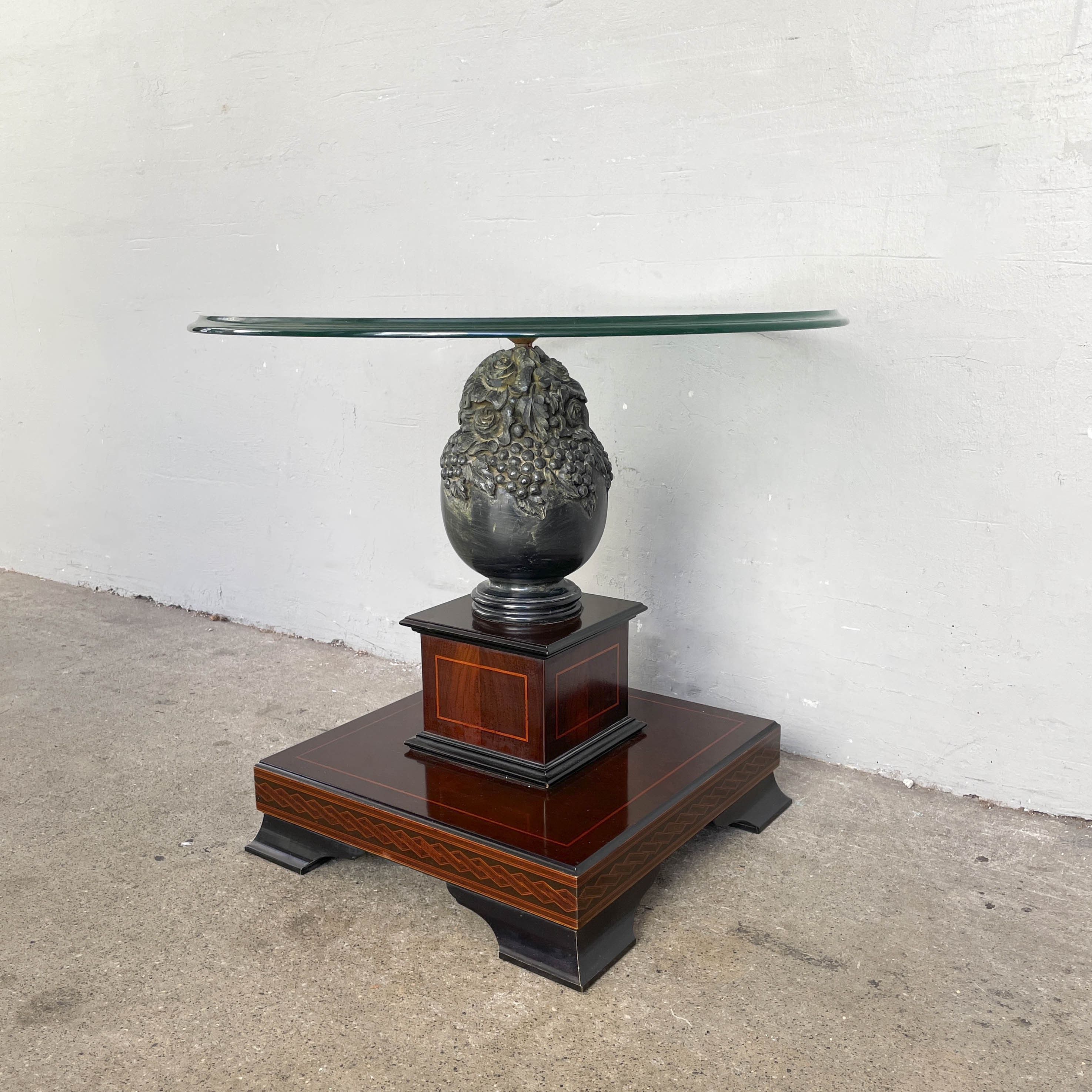 Ornate Floral Pedestal Side Table with Glass Top