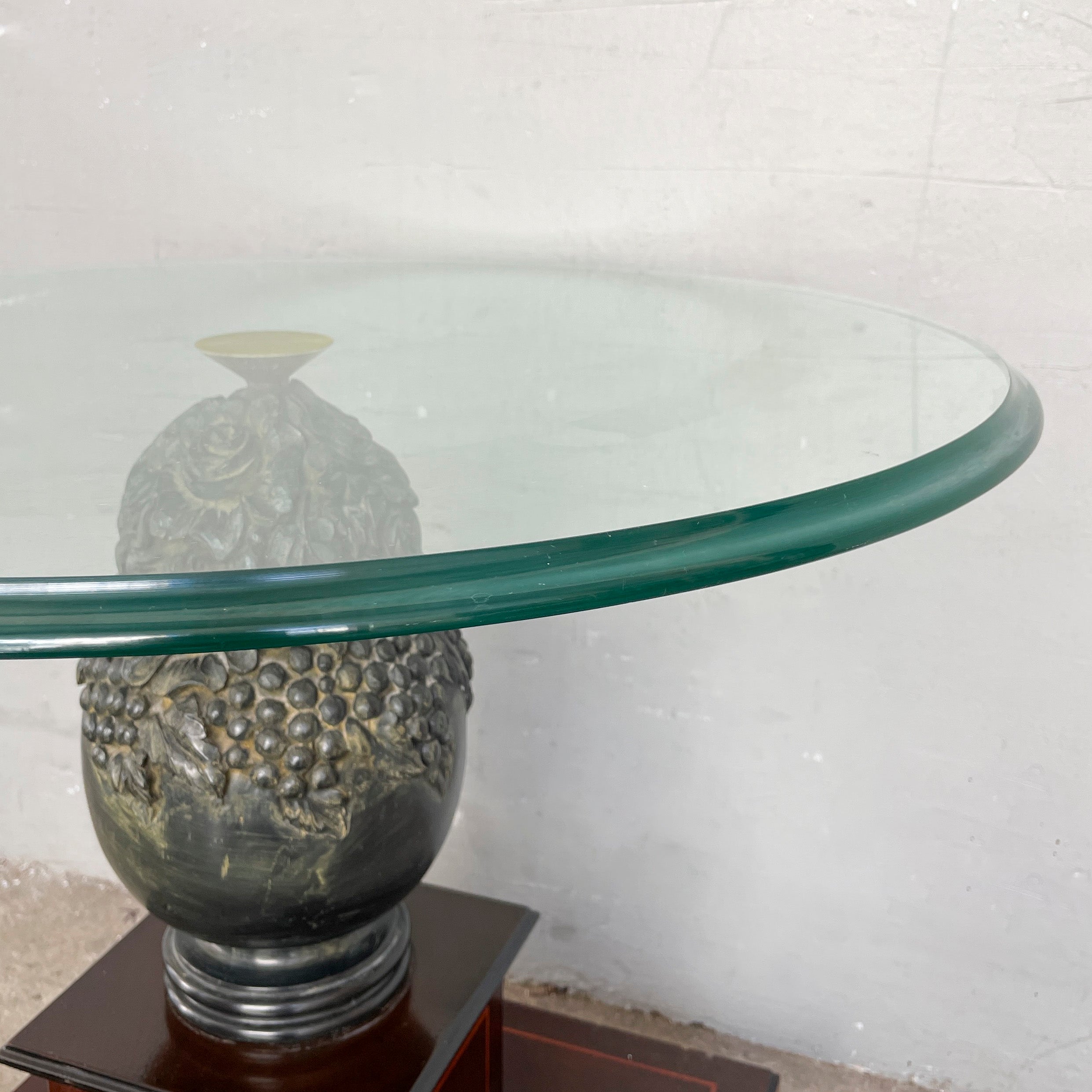 Ornate Floral Pedestal Side Table with Glass Top