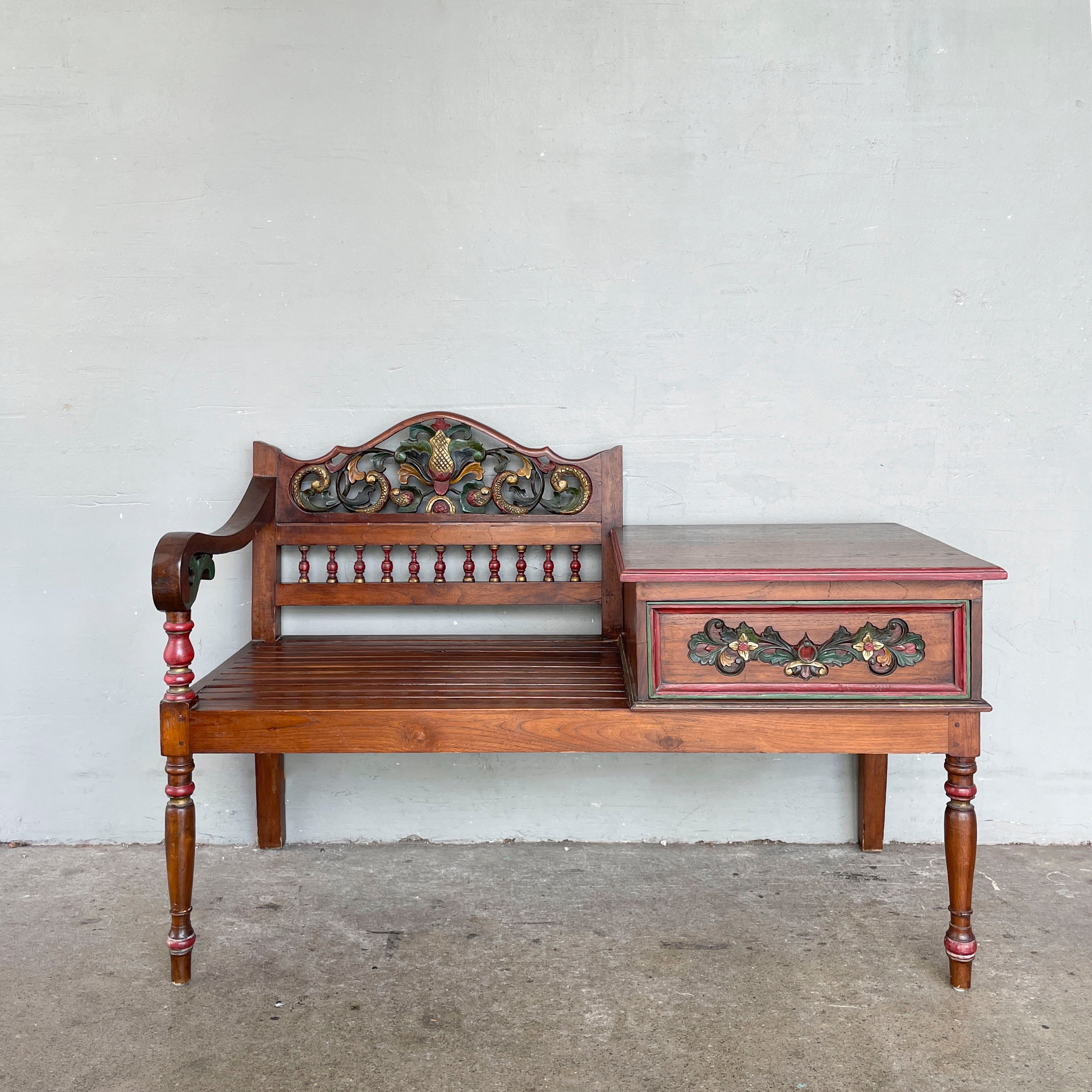 Carved Floral Teak Telephone Bench