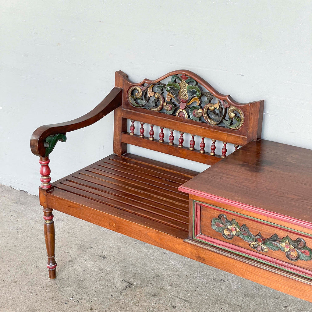 Carved Floral Teak Telephone Bench