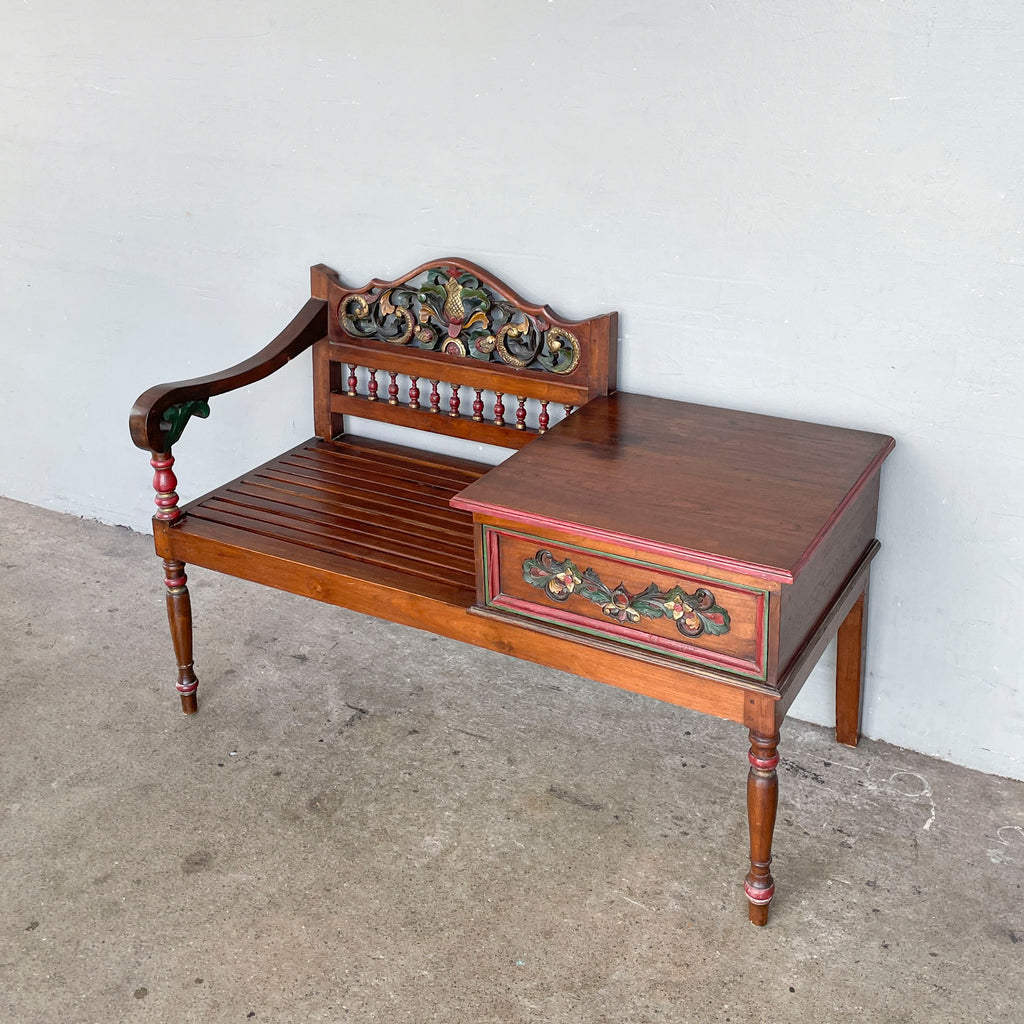 Carved Floral Teak Telephone Bench