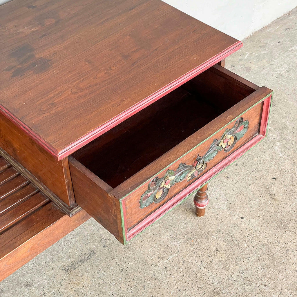 Carved Floral Teak Telephone Bench