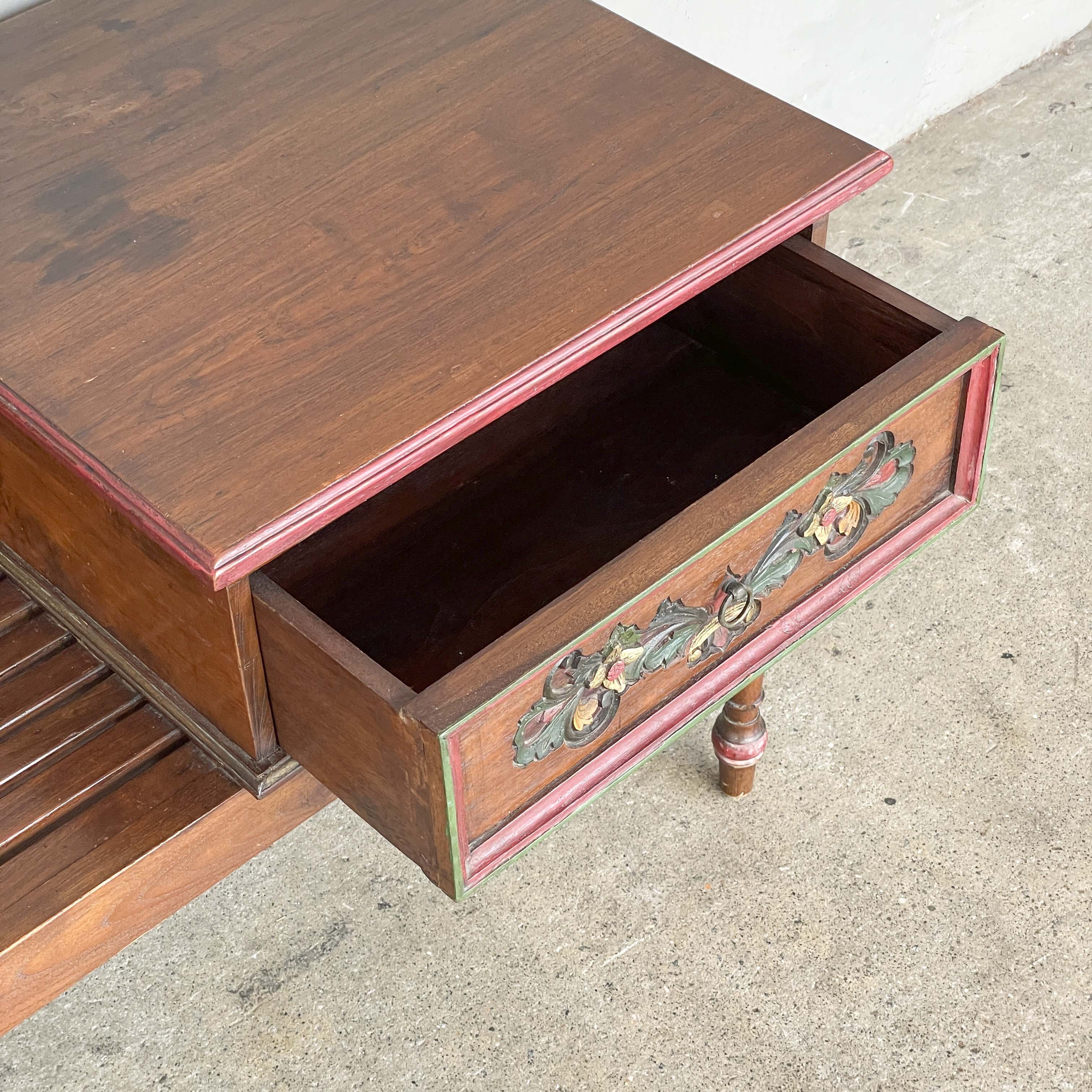 Carved Floral Teak Telephone Bench