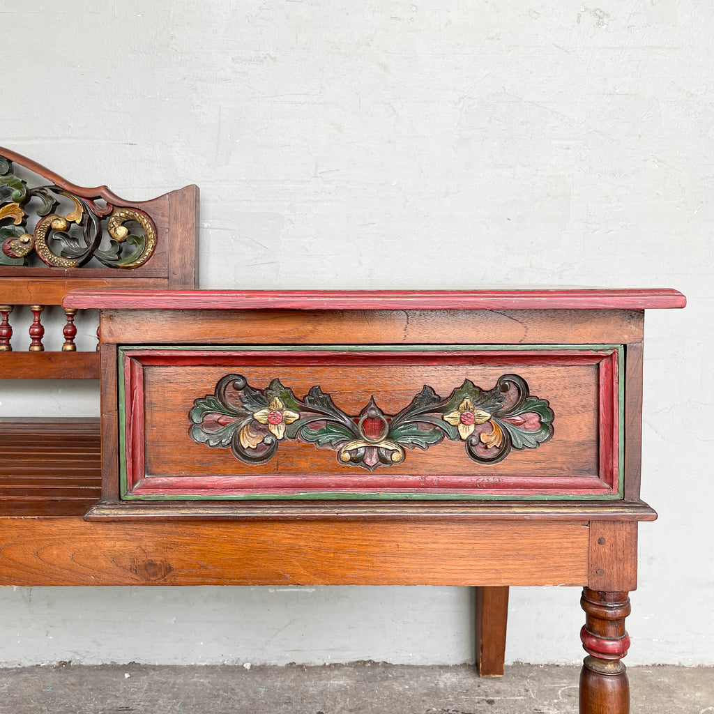 Carved Floral Teak Telephone Bench