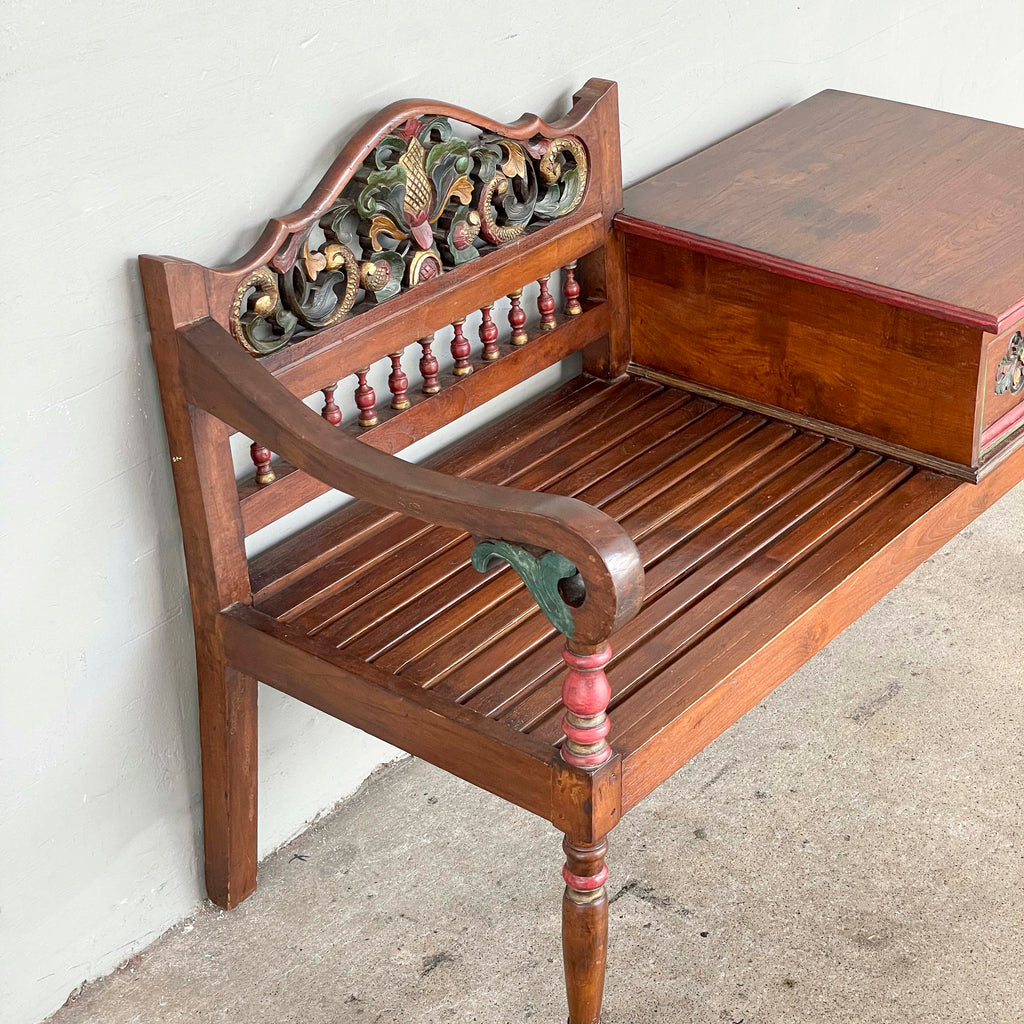 Carved Floral Teak Telephone Bench