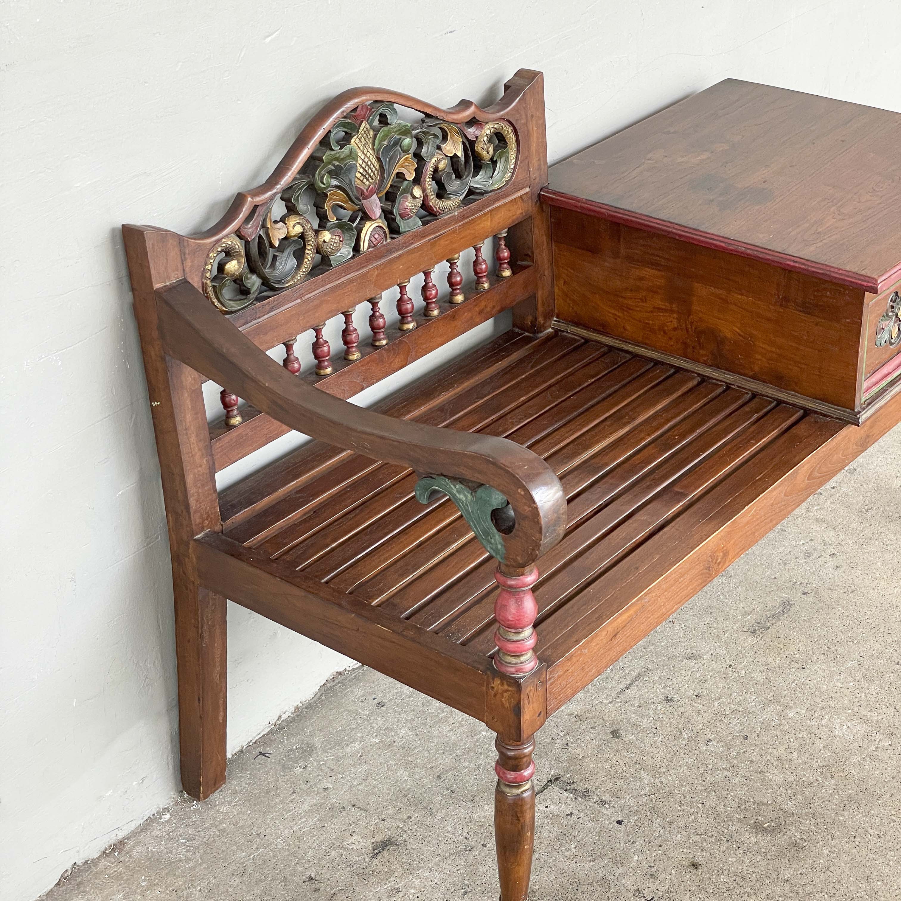 Carved Floral Teak Telephone Bench