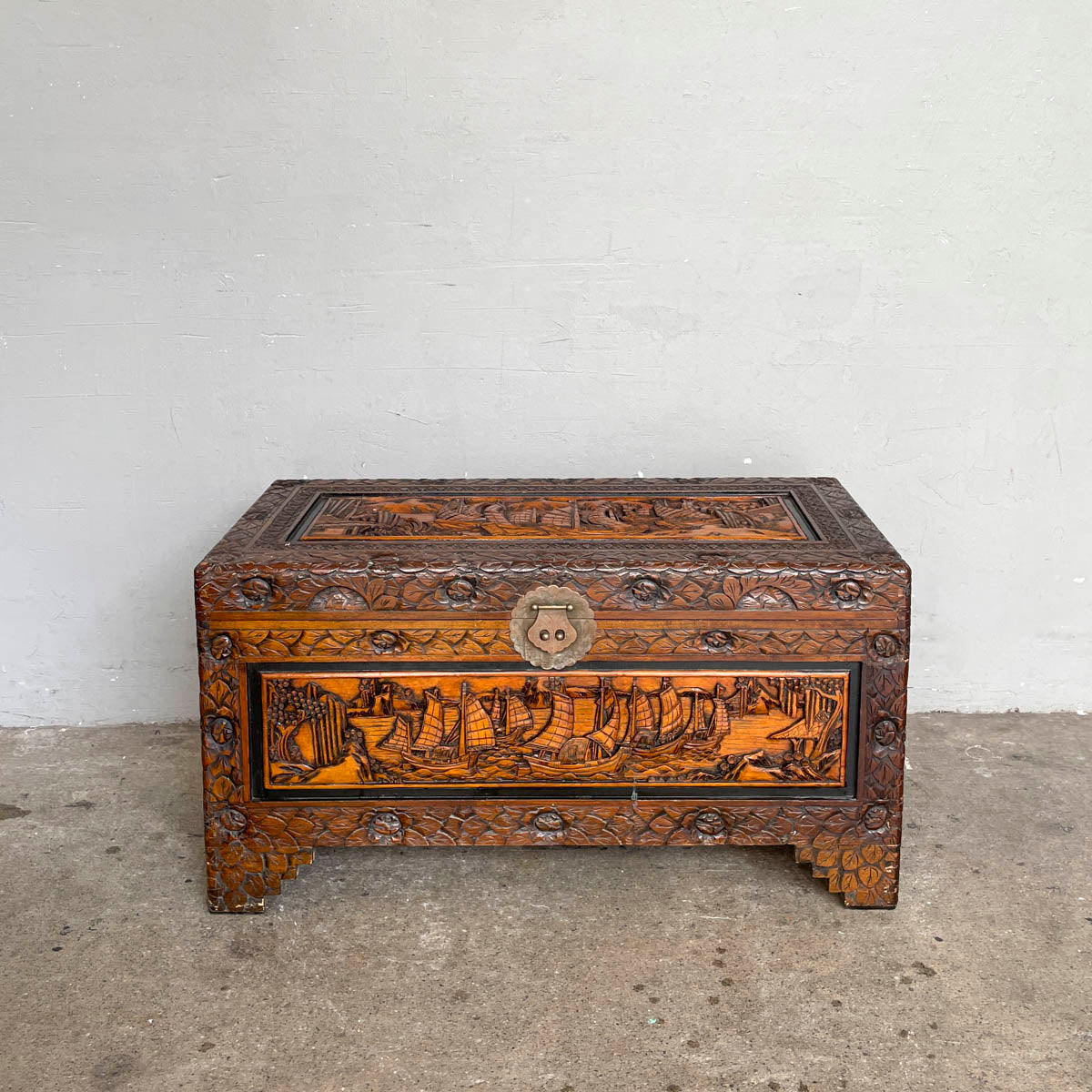 Carved Camphor Chest with Chinese Junk Boat Motifs