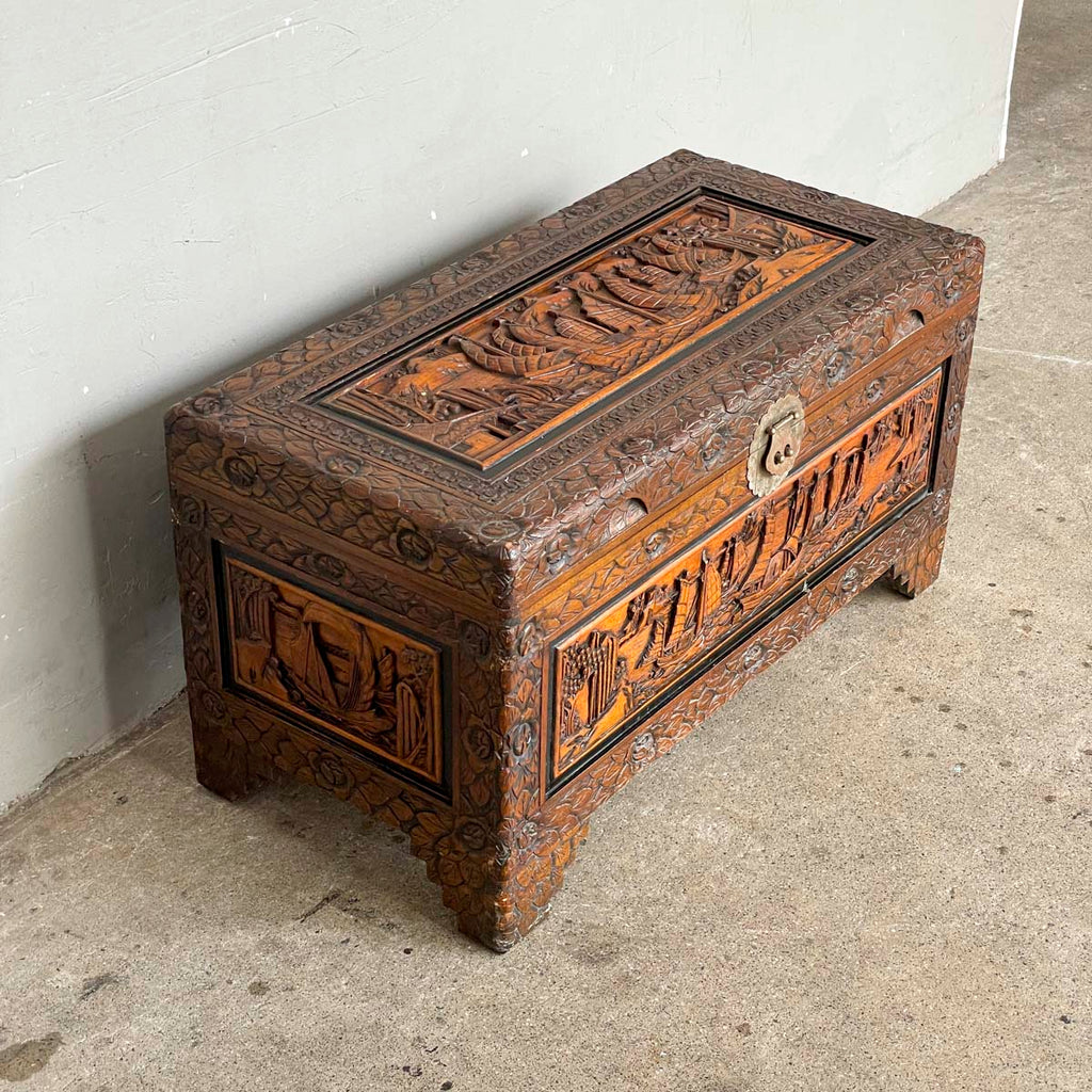 Carved Camphor Chest with Chinese Junk Boat Motifs