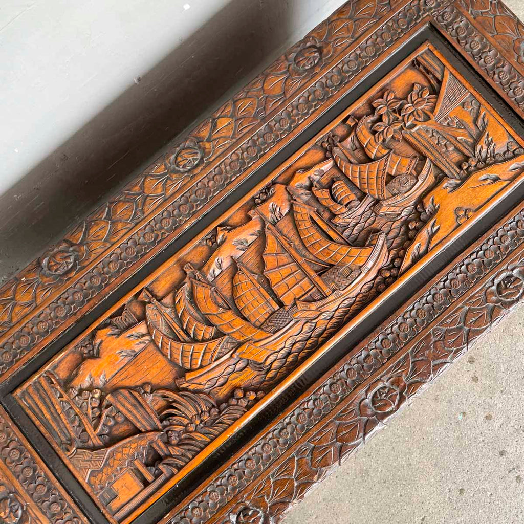 Carved Camphor Chest with Chinese Junk Boat Motifs