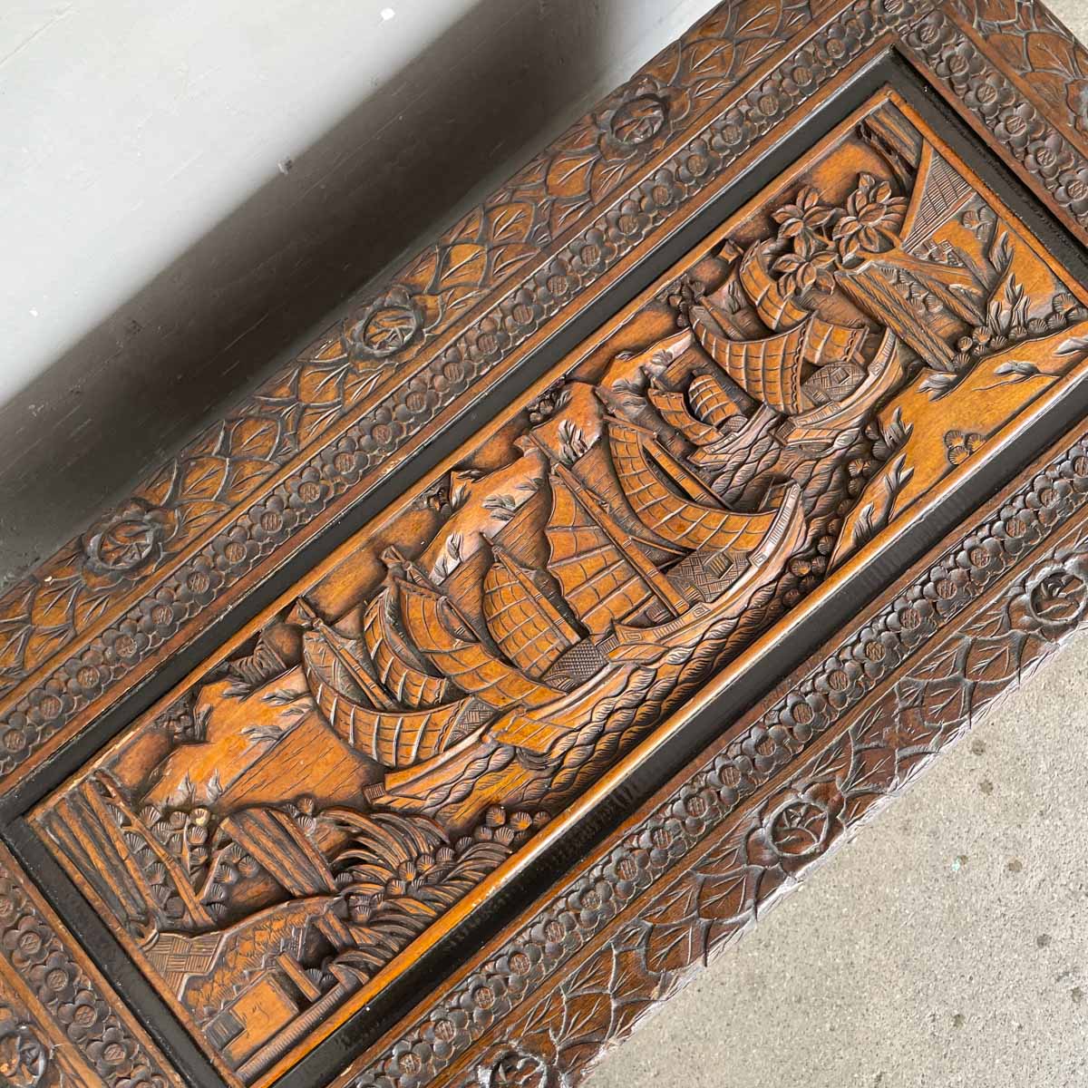 Carved Camphor Chest with Chinese Junk Boat Motifs