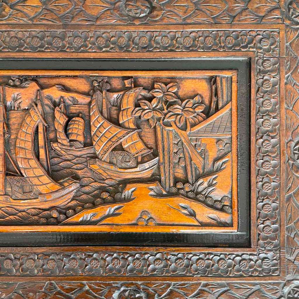 Carved Camphor Chest with Chinese Junk Boat Motifs