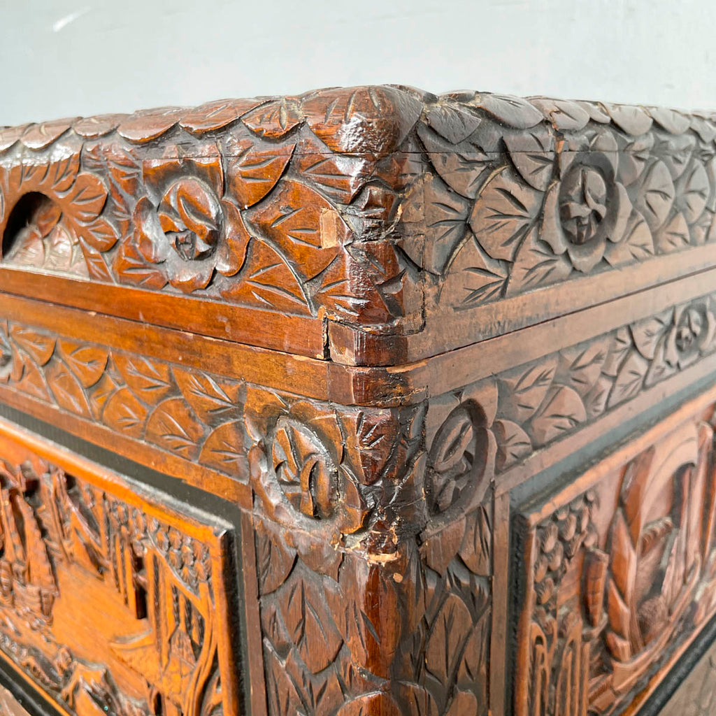 Carved Camphor Chest with Chinese Junk Boat Motifs