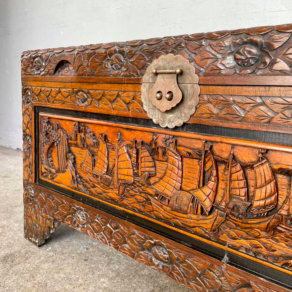 Carved Camphor Chest with Chinese Junk Boat Motifs