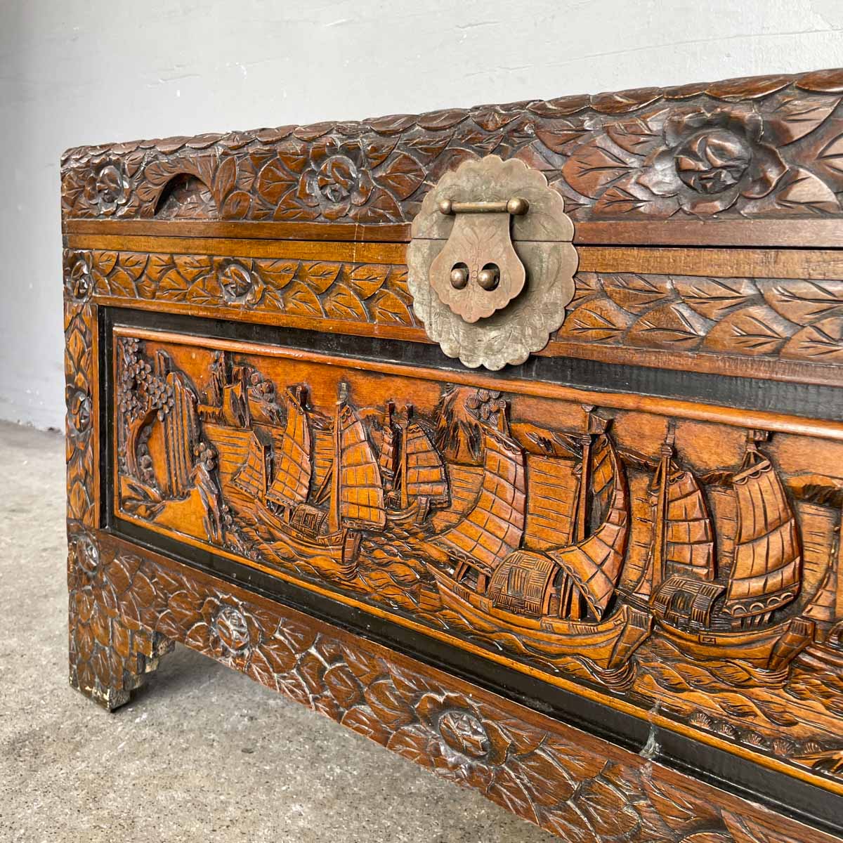 Carved Camphor Chest with Chinese Junk Boat Motifs