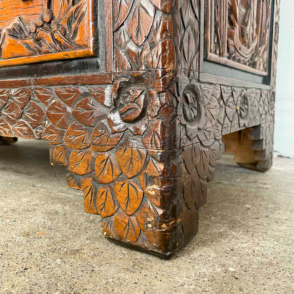 Carved Camphor Chest with Chinese Junk Boat Motifs
