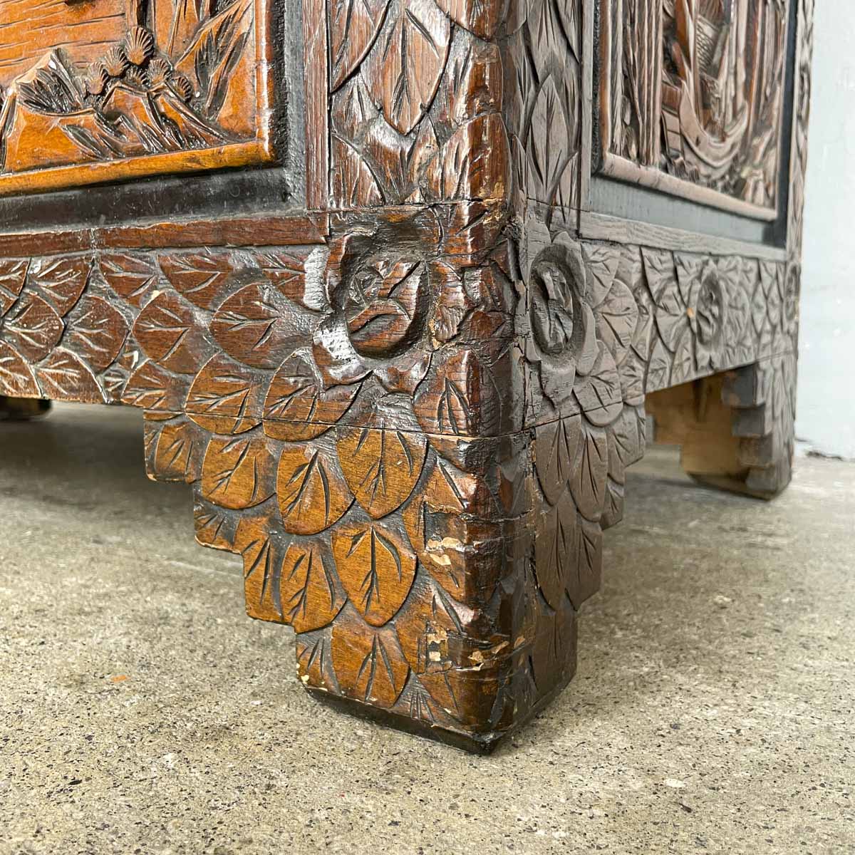 Carved Camphor Chest with Chinese Junk Boat Motifs