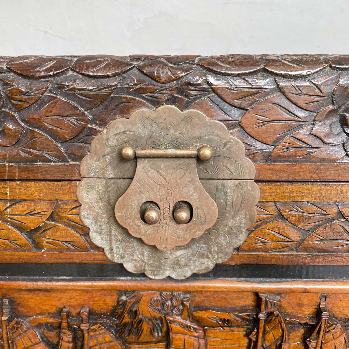 Carved Camphor Chest with Chinese Junk Boat Motifs