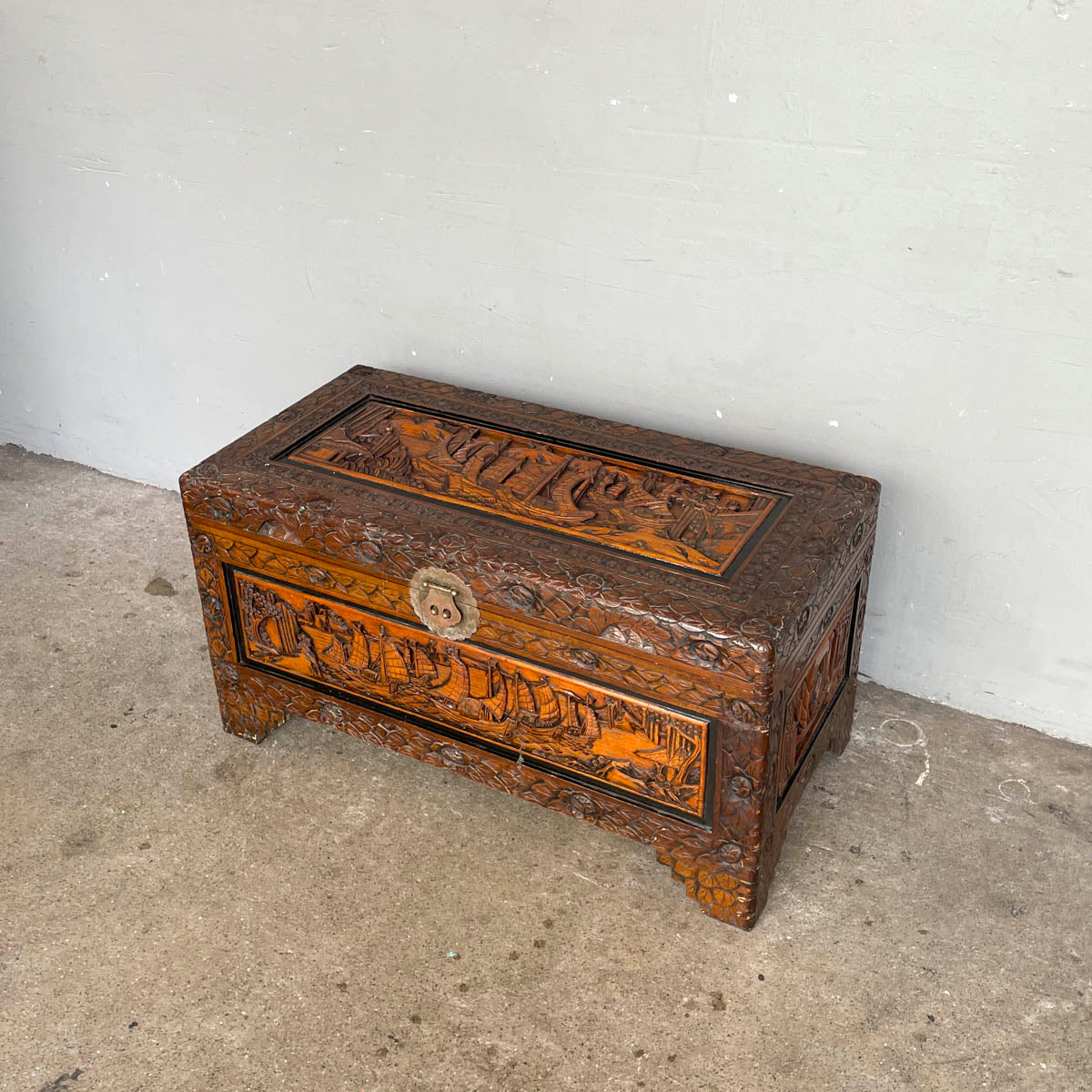 Carved Camphor Chest with Chinese Junk Boat Motifs