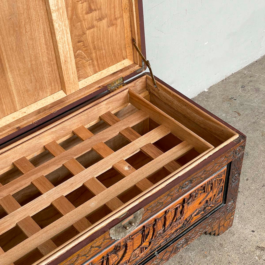Carved Camphor Chest with Chinese Junk Boat Motifs