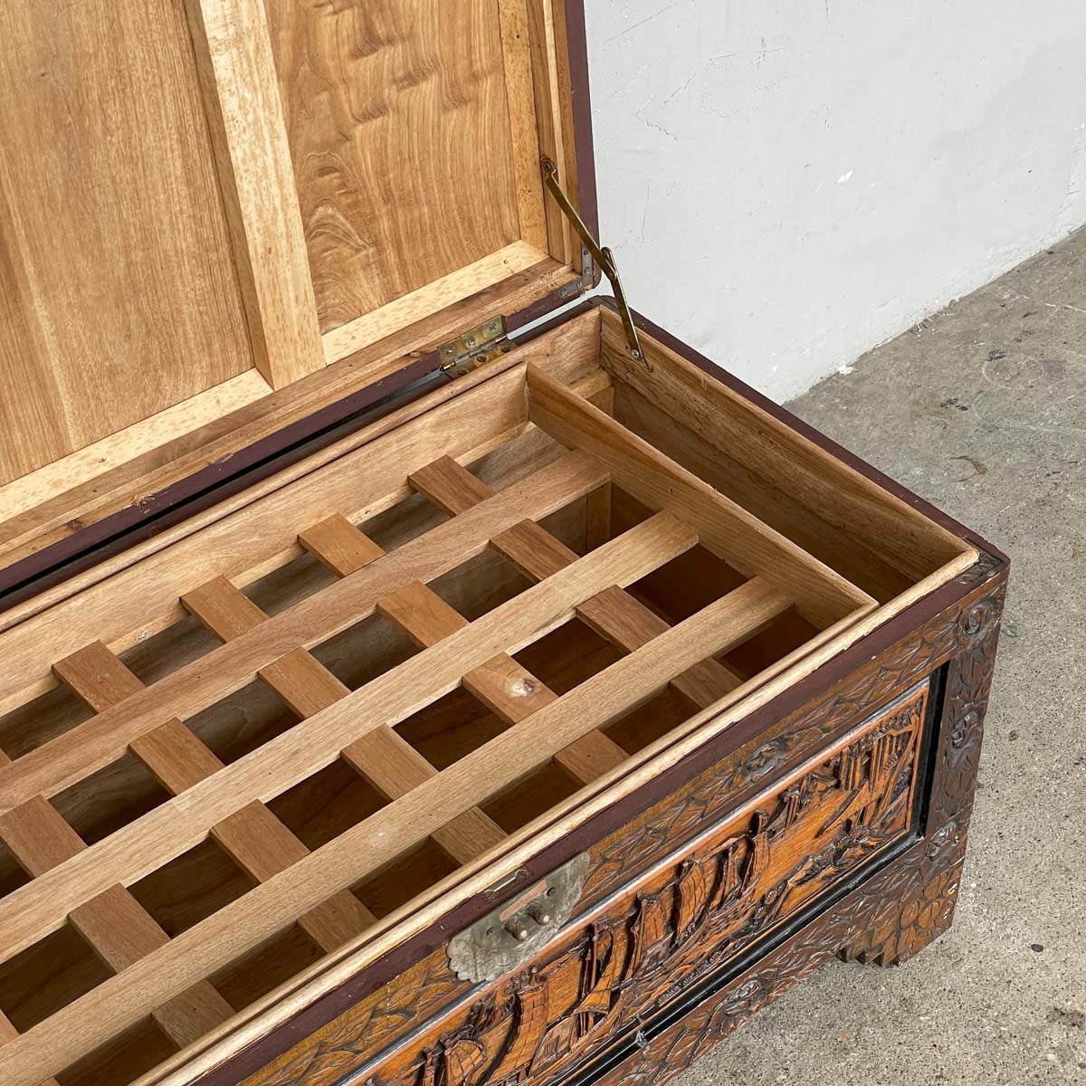 Carved Camphor Chest with Chinese Junk Boat Motifs