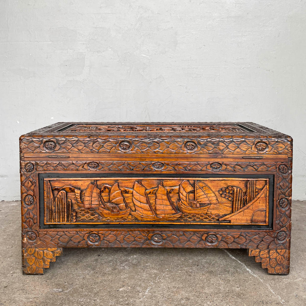 Carved Camphor Chest with Chinese Junk Boat Motifs