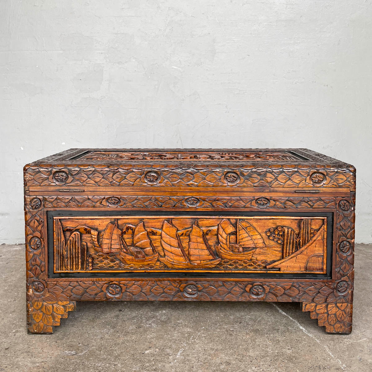 Carved Camphor Chest with Chinese Junk Boat Motifs