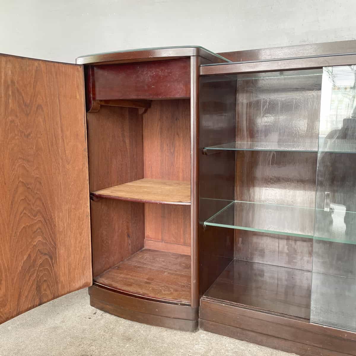 Vintage Sideboard with Curved Cabinet and Glass Display