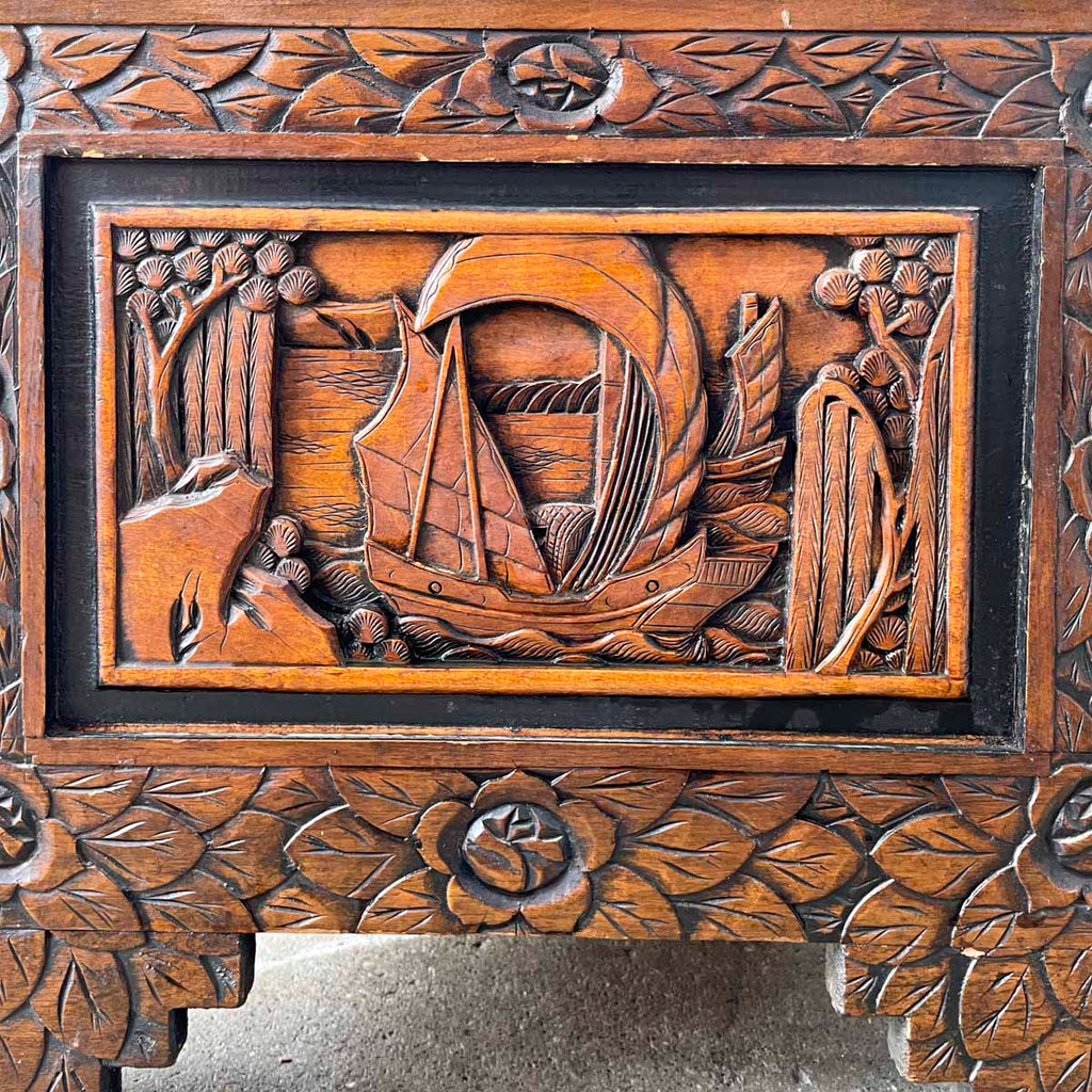 Carved Camphor Chest with Chinese Junk Boat Motifs