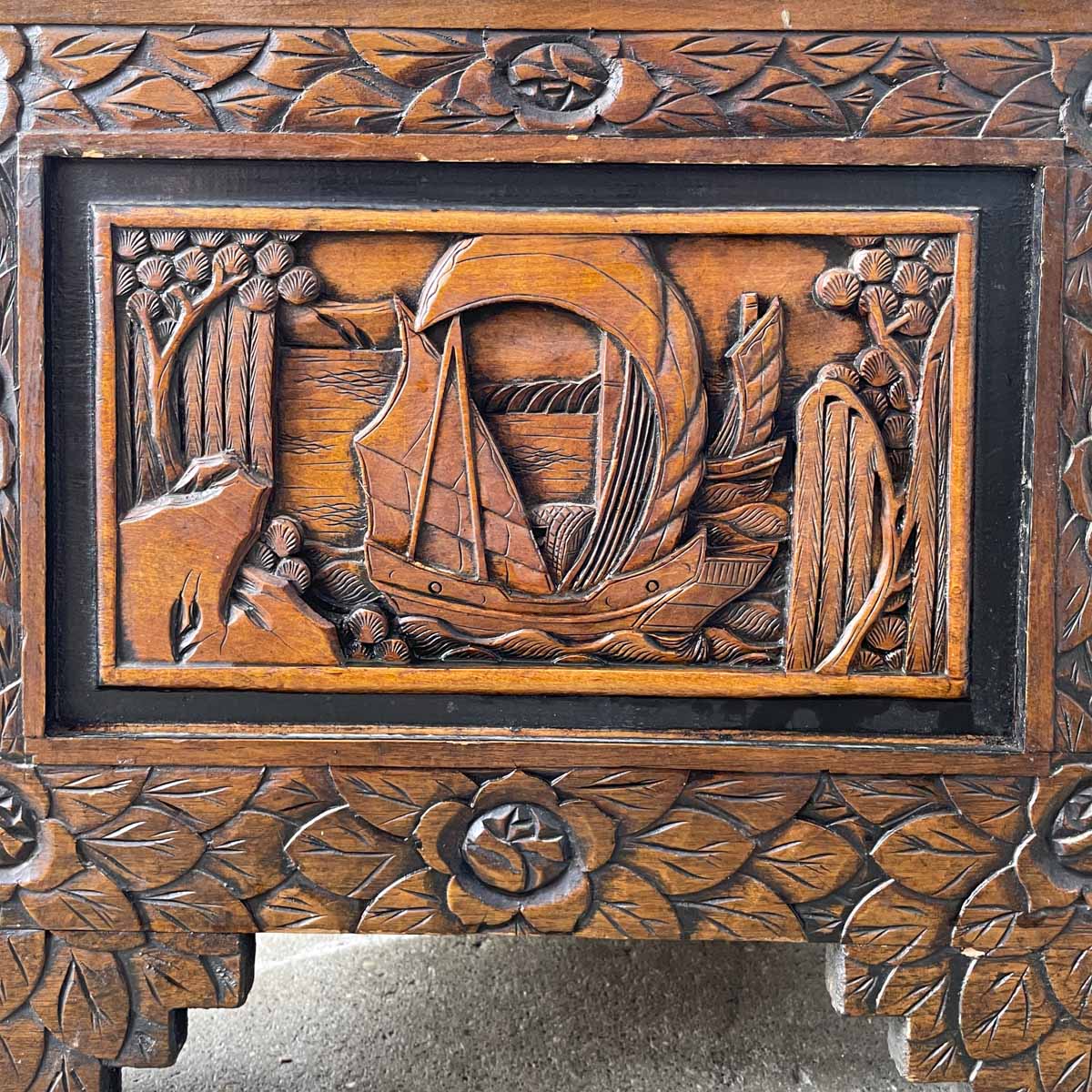 Carved Camphor Chest with Chinese Junk Boat Motifs