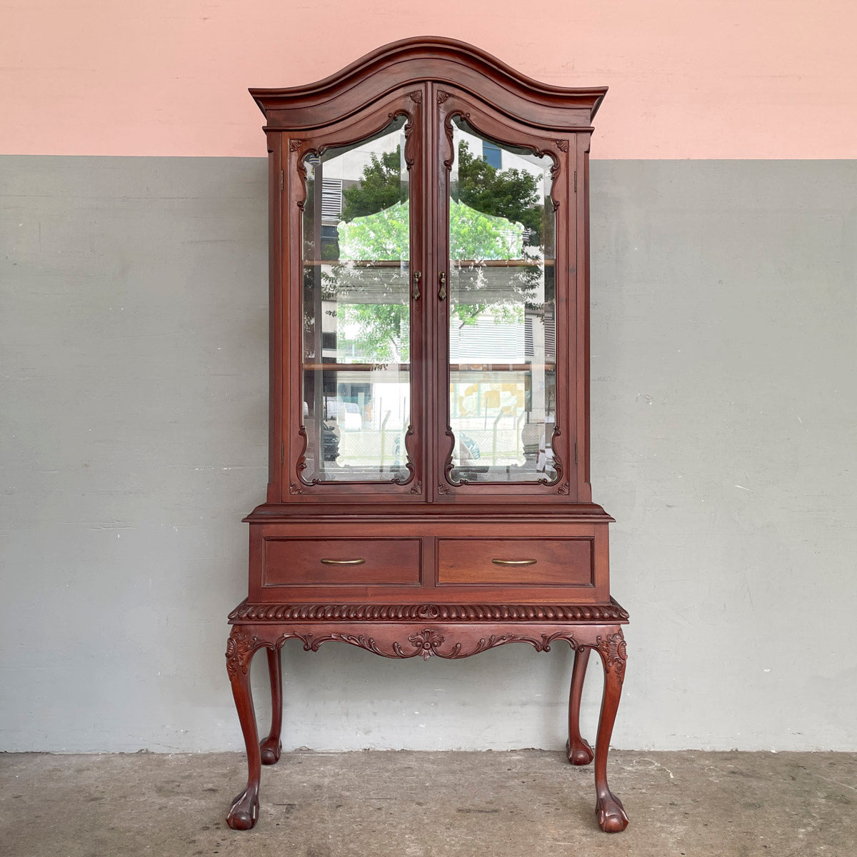 Ornate Wooden Display Cabinet with Cabriole Legs