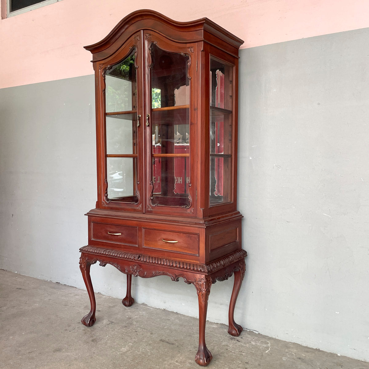 Ornate Wooden Display Cabinet with Cabriole Legs