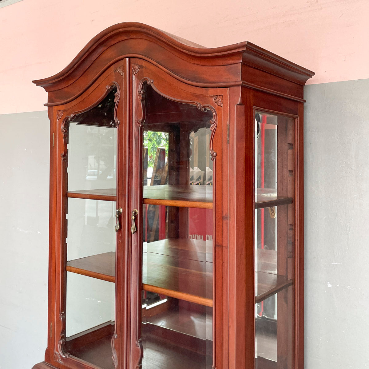 Ornate Wooden Display Cabinet with Cabriole Legs