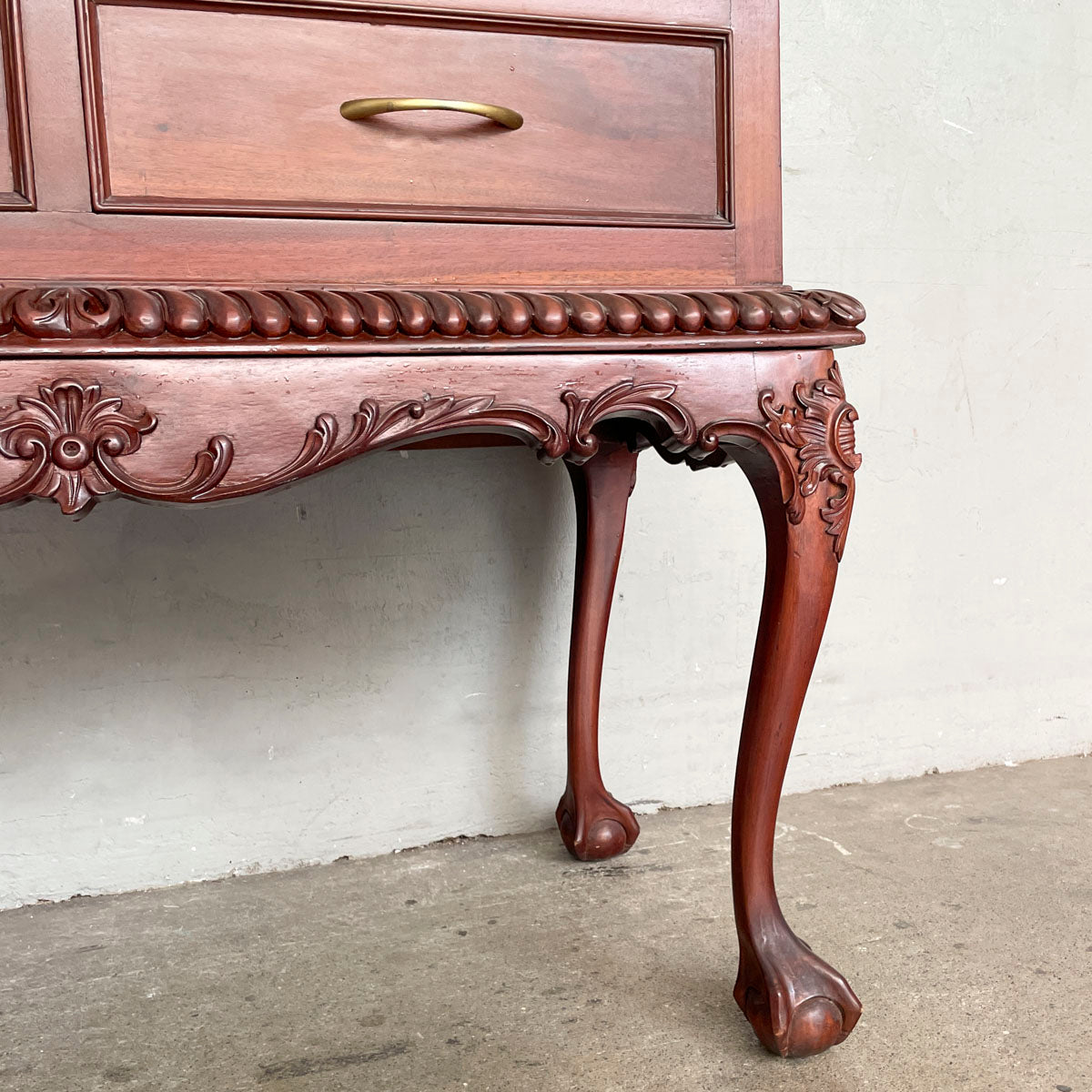 Ornate Wooden Display Cabinet with Cabriole Legs