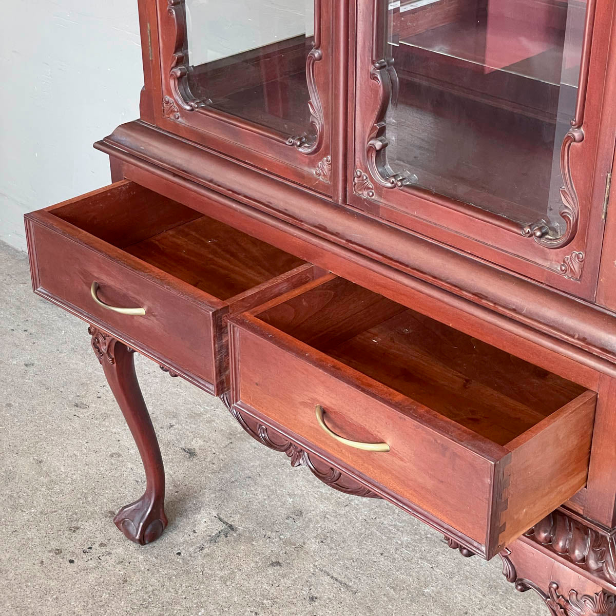 Ornate Wooden Display Cabinet with Cabriole Legs
