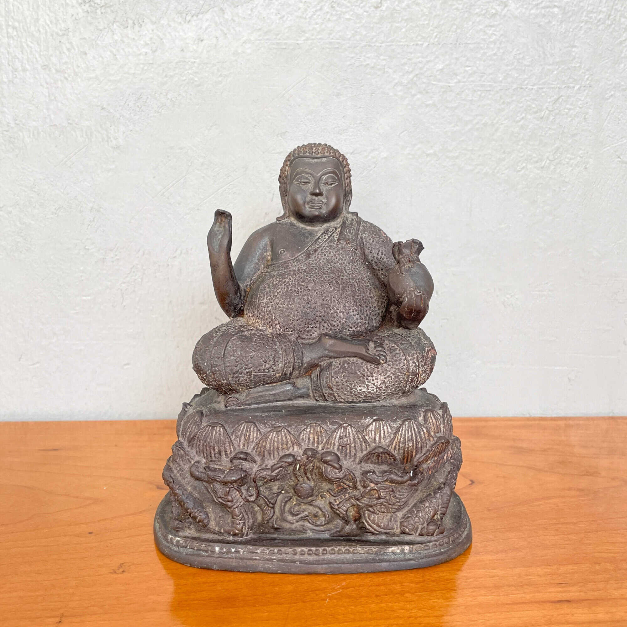 Vintage Brass Phra Sangkachai with Bag of Gold (13 x 16 cm)