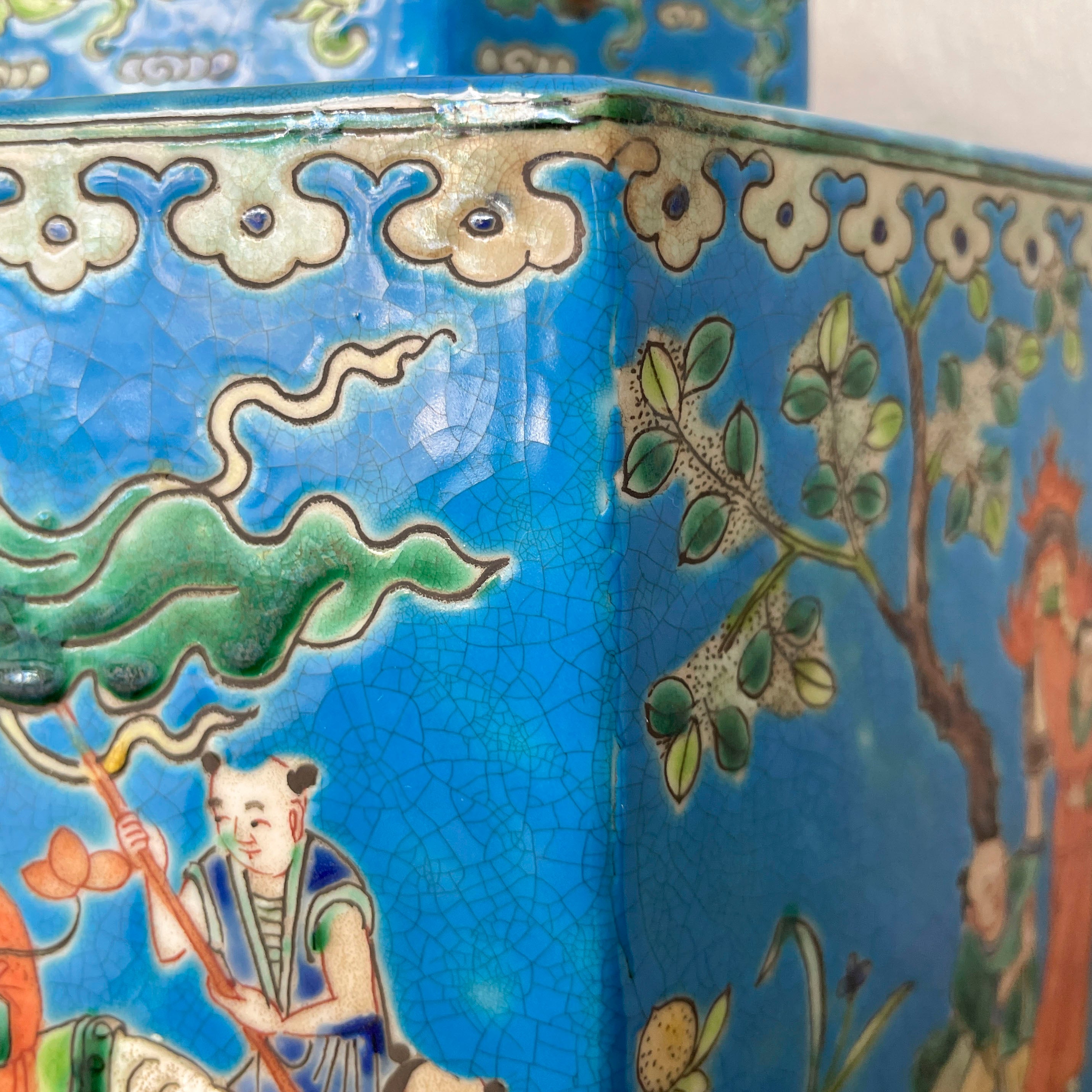 Blue Hexagonal Porcelain Lidded Jar