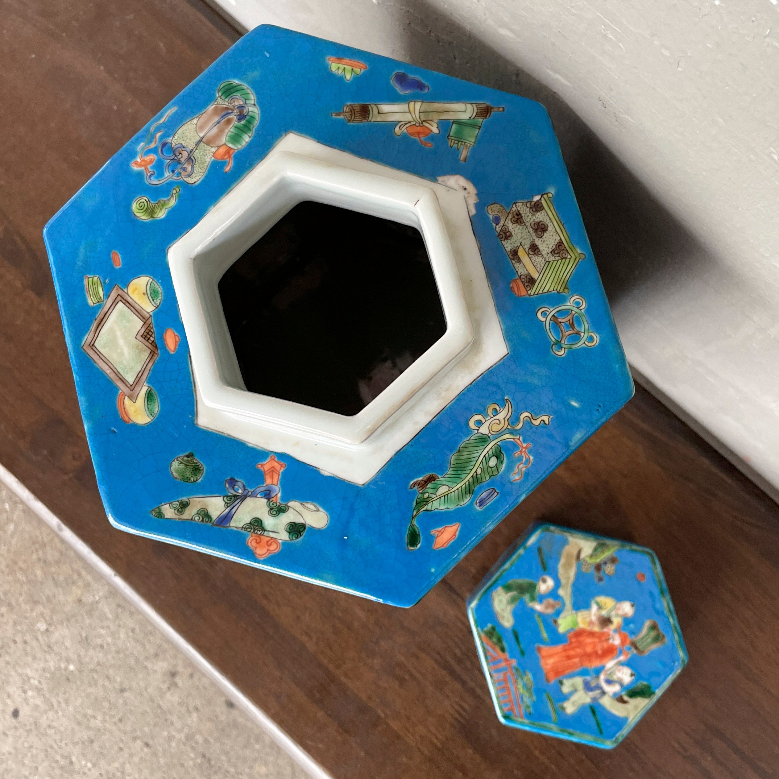 Blue Hexagonal Porcelain Lidded Jar