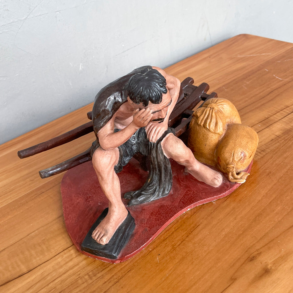 Resting Labourer with Wheelbarrow Ceramic Figurine