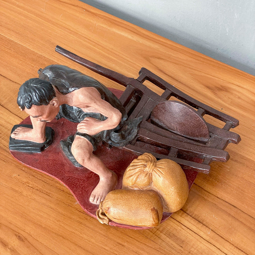 Resting Labourer with Wheelbarrow Ceramic Figurine