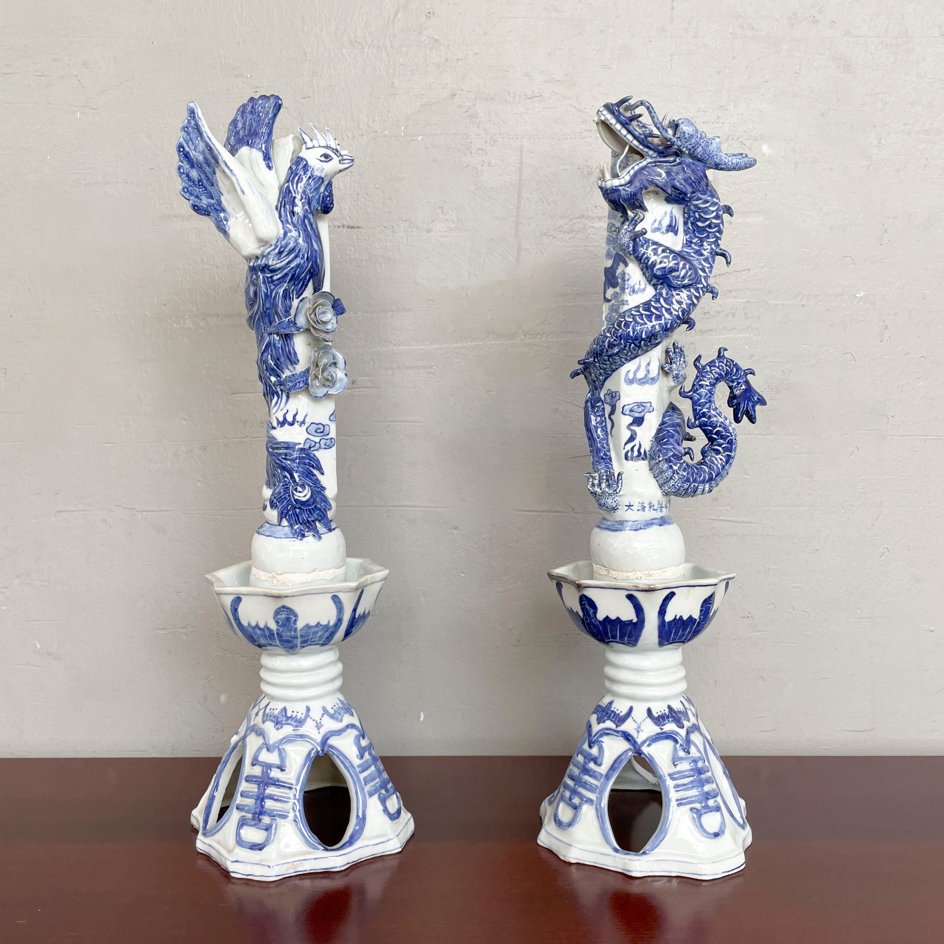 Chinese Blue & White Porcelain Candle Stand - Dragon & Phoenix