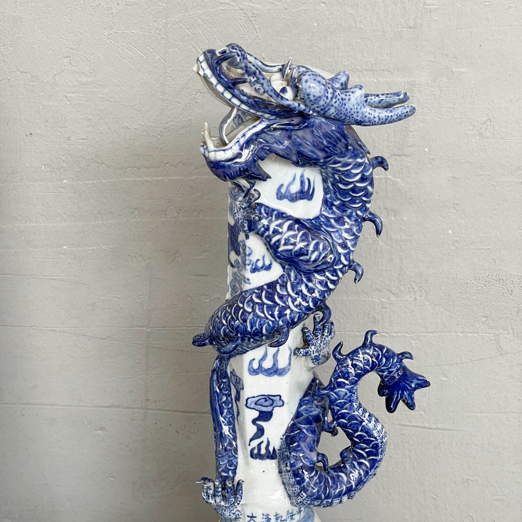 Chinese Blue & White Porcelain Candle Stand - Dragon & Phoenix