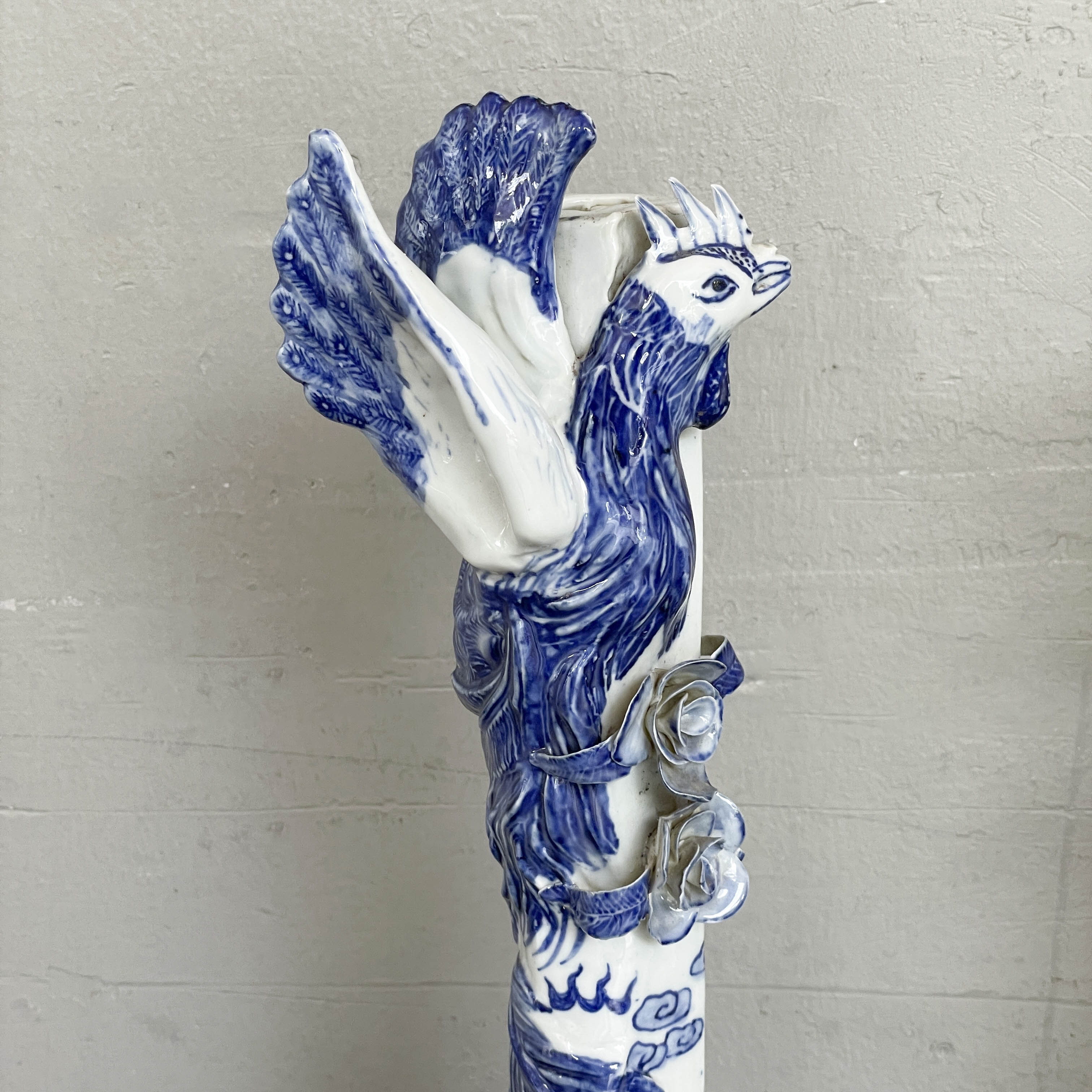 Chinese Blue & White Porcelain Candle Stand - Dragon & Phoenix