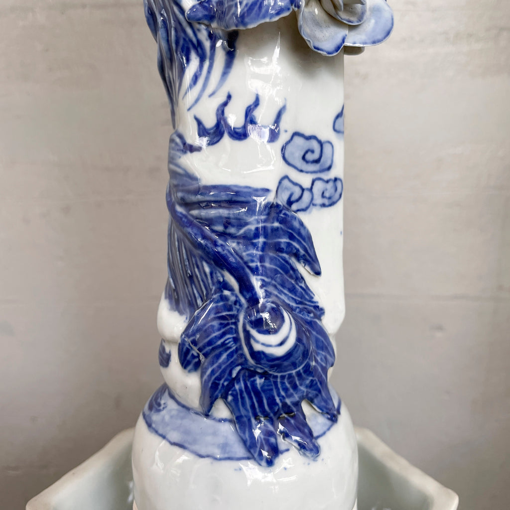 Chinese Blue & White Porcelain Candle Stand - Dragon & Phoenix