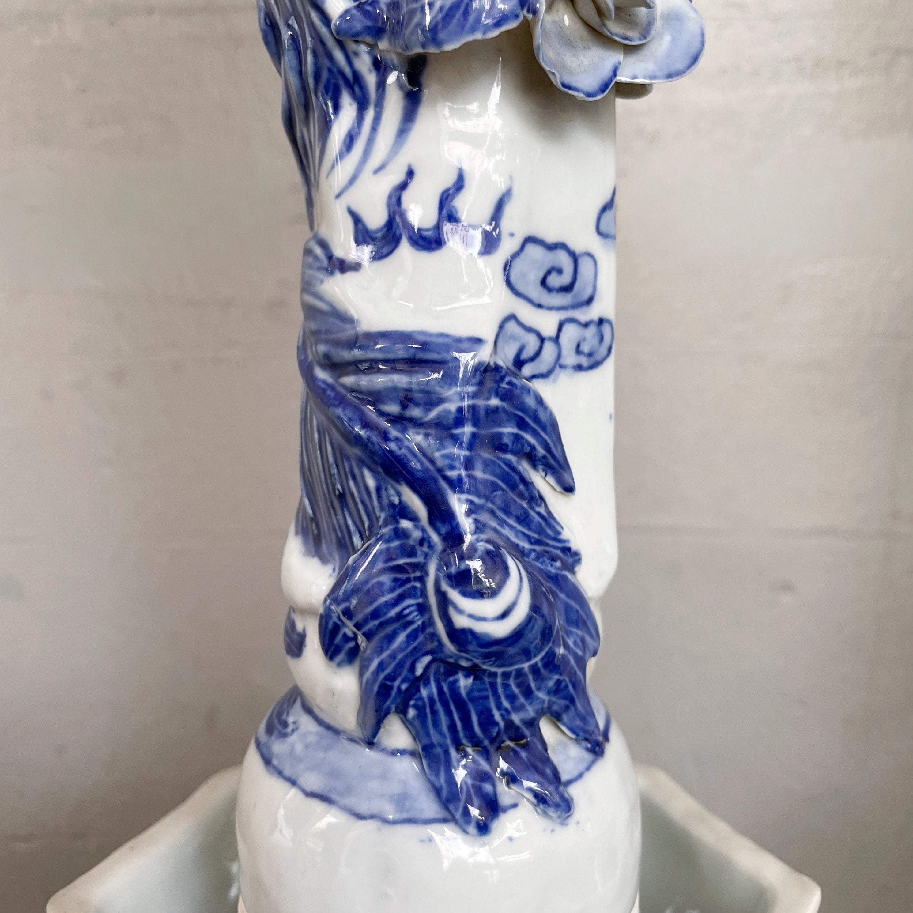Chinese Blue & White Porcelain Candle Stand - Dragon & Phoenix