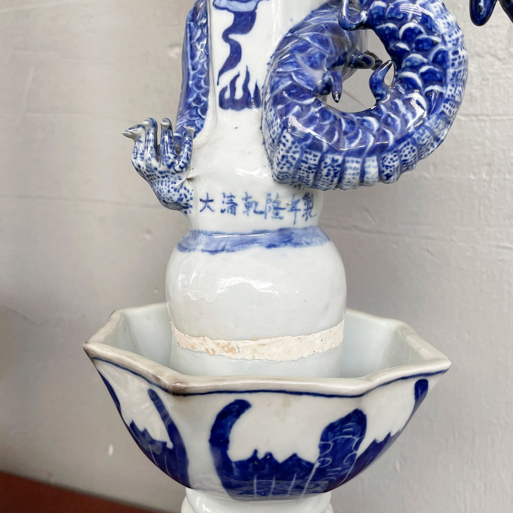 Chinese Blue & White Porcelain Candle Stand - Dragon & Phoenix