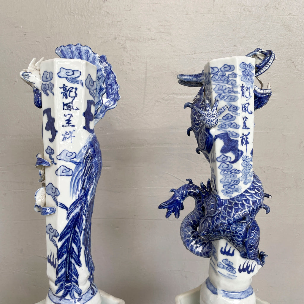 Chinese Blue & White Porcelain Candle Stand - Dragon & Phoenix