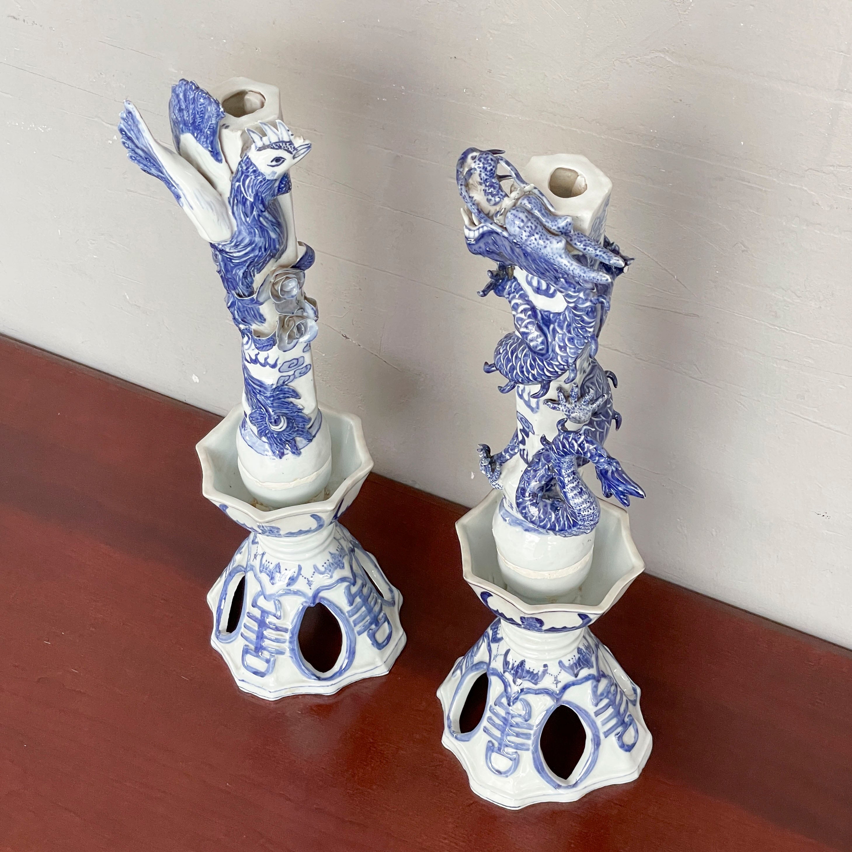 Chinese Blue & White Porcelain Candle Stand - Dragon & Phoenix