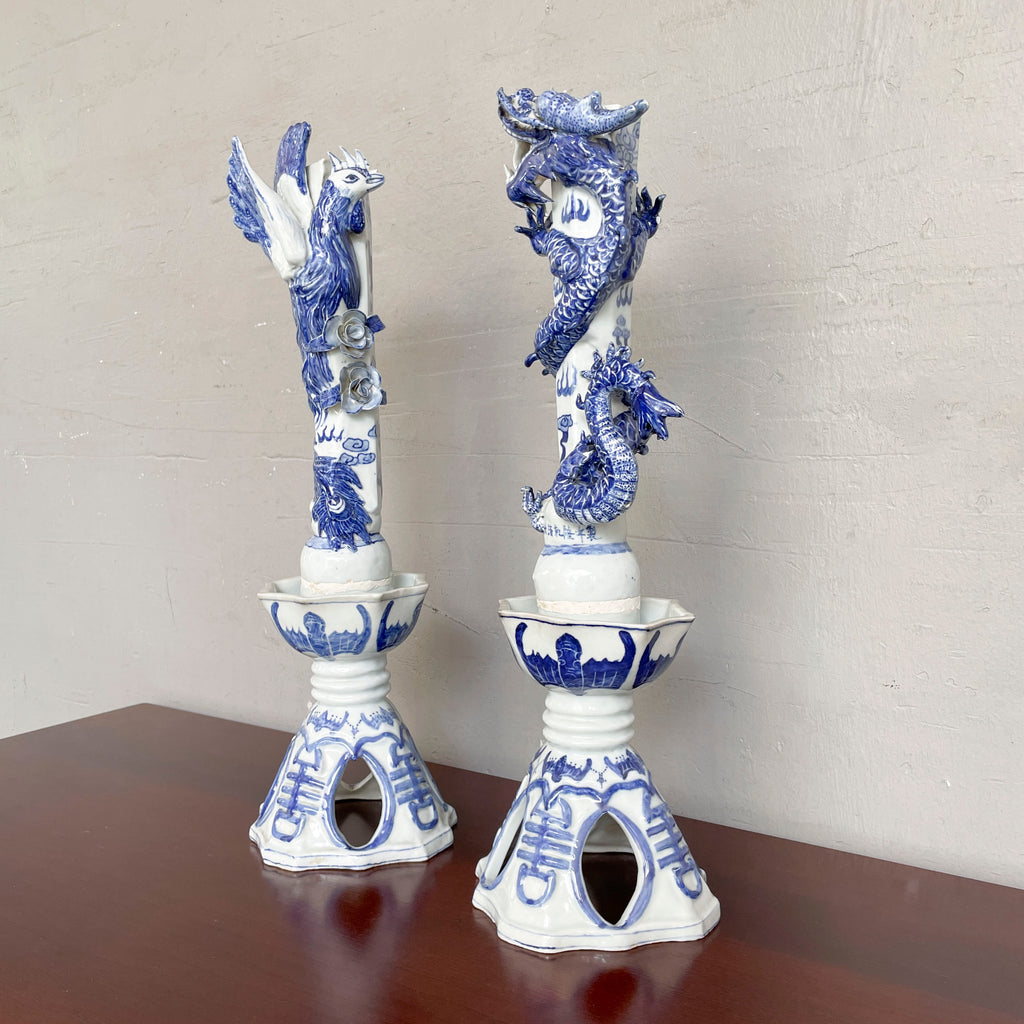 Chinese Blue & White Porcelain Candle Stand - Dragon & Phoenix