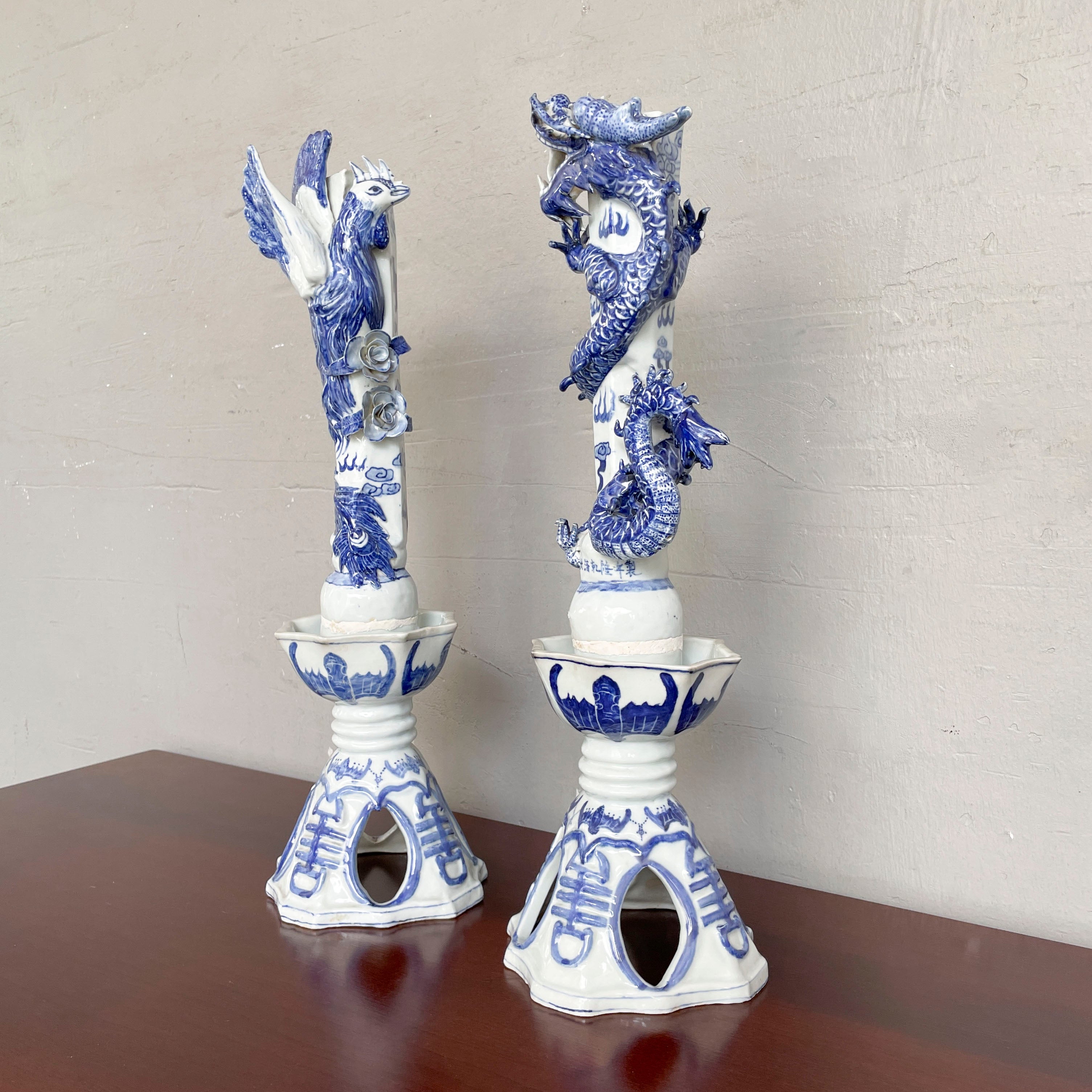 Chinese Blue & White Porcelain Candle Stand - Dragon & Phoenix